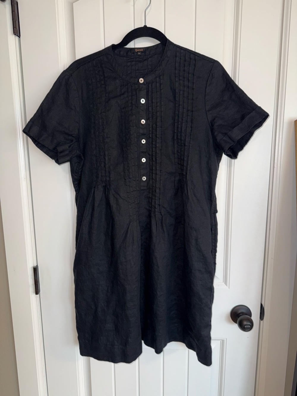 Quince 100% European Linen Swing Dress Black Short Sleeve Size M Minimalist